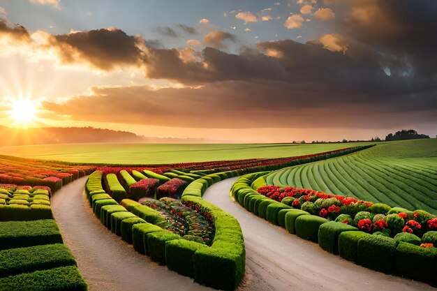 A landscape with a field of hedges and a sunset