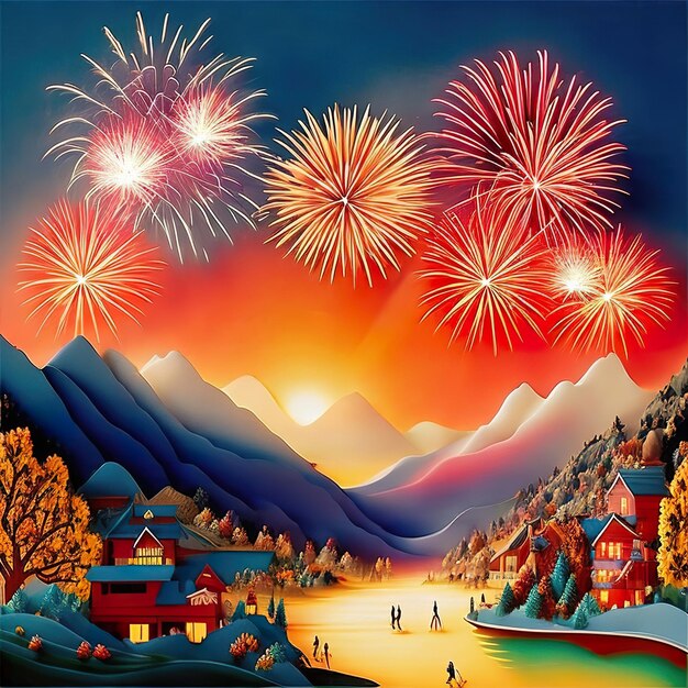 Landscape with fireworks at night on the beach with people Generative AI