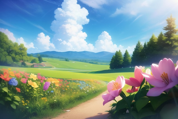 A landscape with flowers and a blue sky with clouds