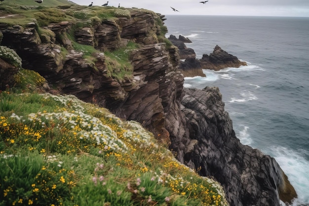 A landscape with flowers and a cliff in the background