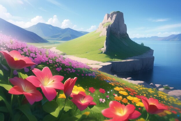 A landscape with flowers and a mountain in the background