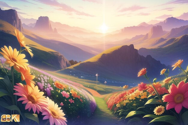 A landscape with flowers and a sunset in the background