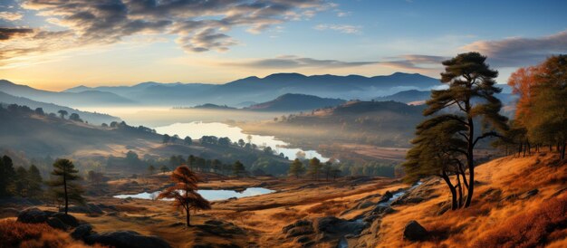 Photo landscape with fog in the valley at sunrise panorama