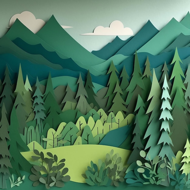 Landscape with forest and mountains paper style Generative AI