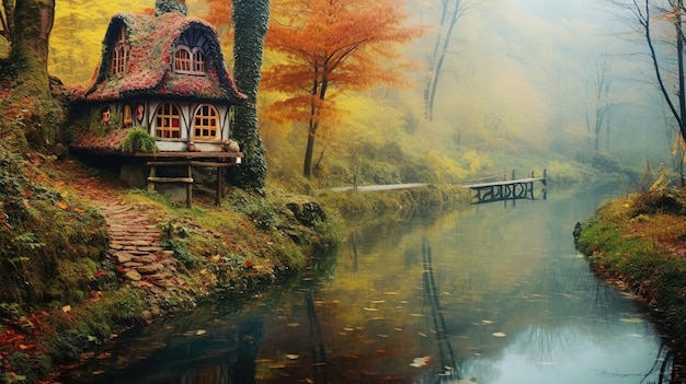 가을의 숲과 강이 있는 풍경