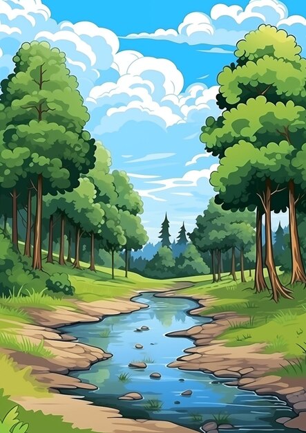 Landscape with Forest River Illustration