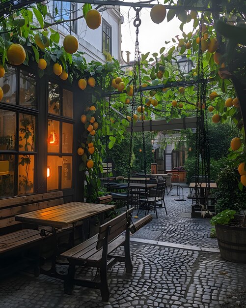 A landscape with fruit trees tables and benches on a patio