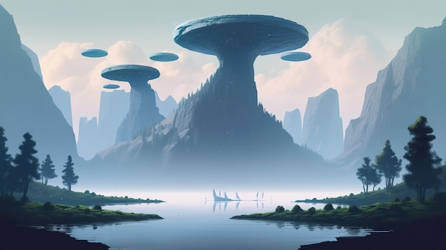 A landscape with giant buildings on top of mountain and spaceship flying