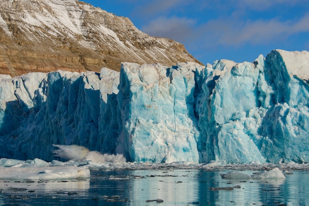 Landscape with glacier in Svalbard at summer time. Sunny weather.