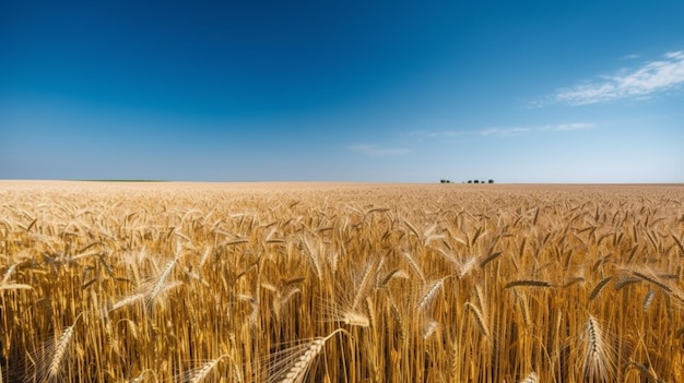 Landscape with golden wheat field and sunny day under blue sky rural countryside generative ai