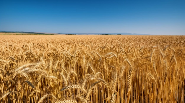 Landscape with golden wheat field and sunny day under blue sky rural countryside generative AI