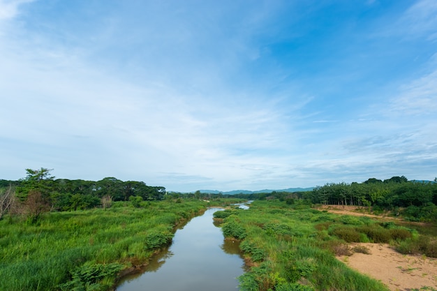 芝生のフィールド、夕方には小さな川のある風景。