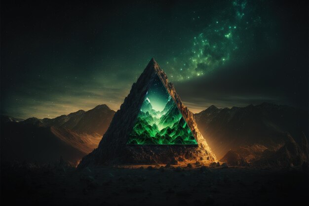 Landscape with green crystal pyramid and mountains in the background Generative AI