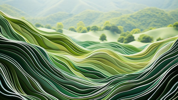 Пейзаж с зелеными изогнутыми линиями