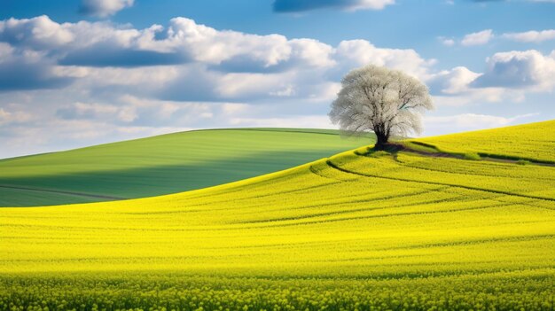 landscape with green field and skyField waves with blossoming trees in the spring