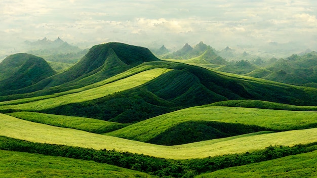 Landscape with green fields and mountains