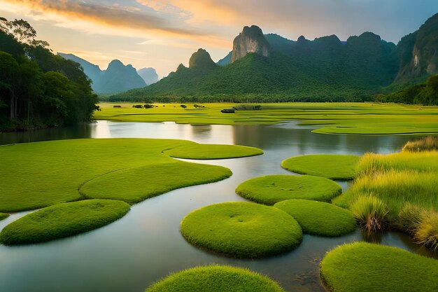 A landscape with green grass and mountains in the background