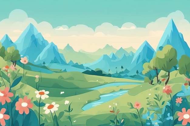 landscape with green hills and mountains cartoon flat design illustration