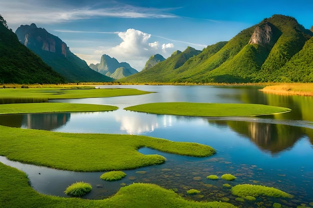 A landscape with green plants and mountains in the background