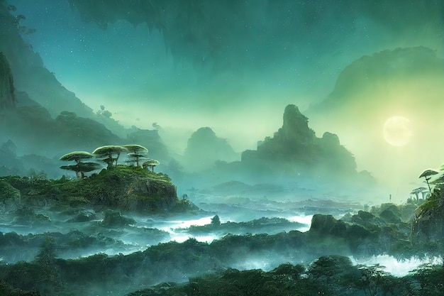 Landscape with green trees rocks with white mist under the stars and an icy moon 3d illustration