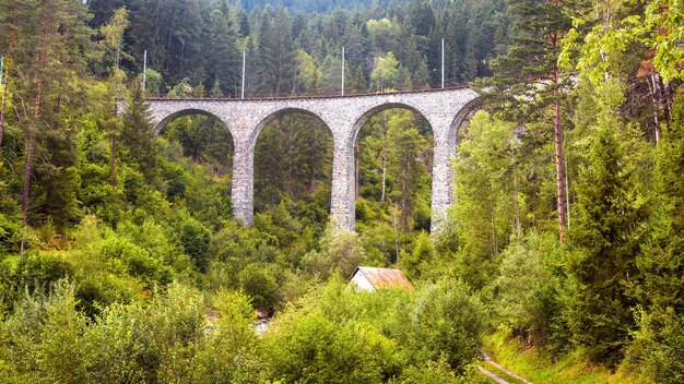 Landscape with high bridge and small house Filisur Switzerland Panorama of Alpine forest Scenic view of viaduct in summer