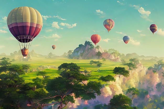 Landscape with hot air balloons in the air