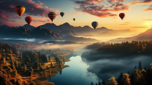 Landscape with hot air balloons flying over mountain valley in sunlight and mist