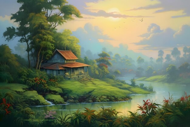 A landscape with a house on the hill