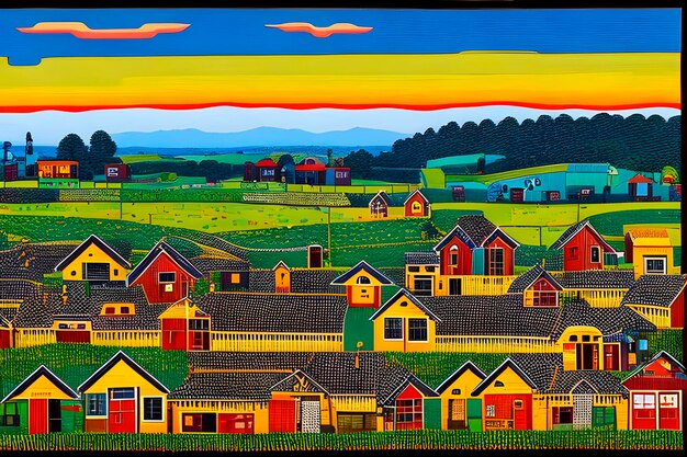 Landscape with housesfieldsunrise riveranimalsbirds cars and people rendered in art brut style