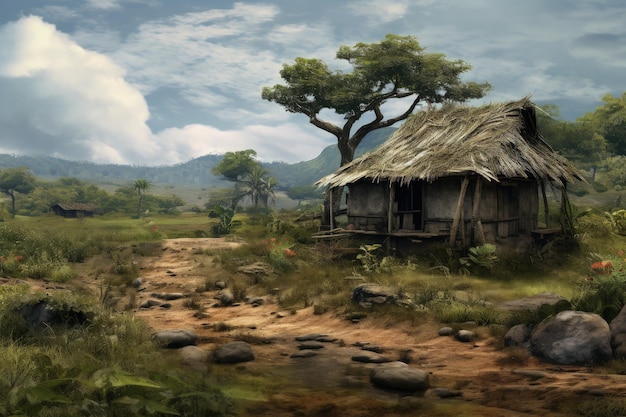 Landscape with a hut in the middle of the Brazilian hinterland Generative AI