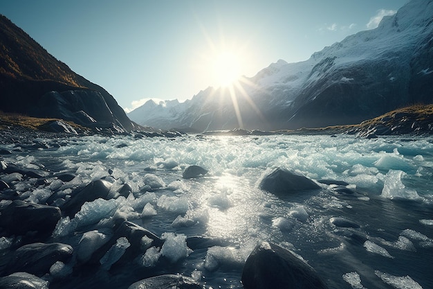 A landscape with ice and a mountain in the background