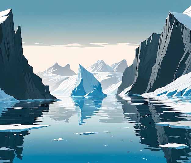 a landscape with icebergs and mountains
