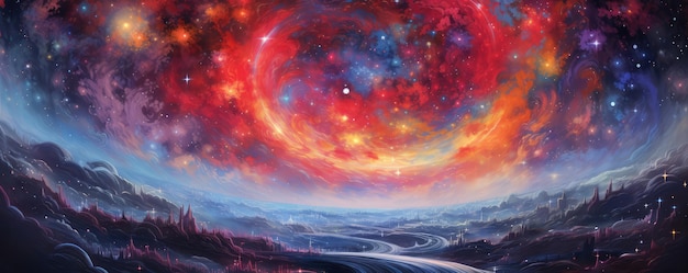 Landscape with the image of a fantastic planet in the space