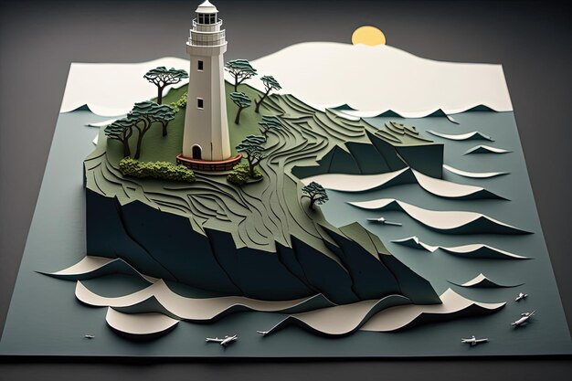 Landscape with island with headlight and sea Generative AI