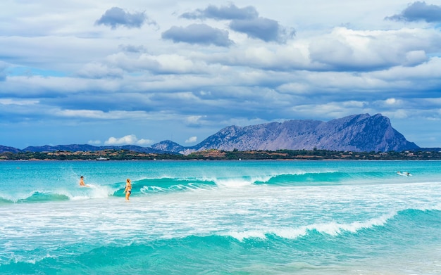 Landscape with La Cinta beach and Mediterranean Sea and Tavolara Island in Sardinia on Italy in summer. Scenery view on Sardinian beach in Sardegna. Olbia province. Mixed media.