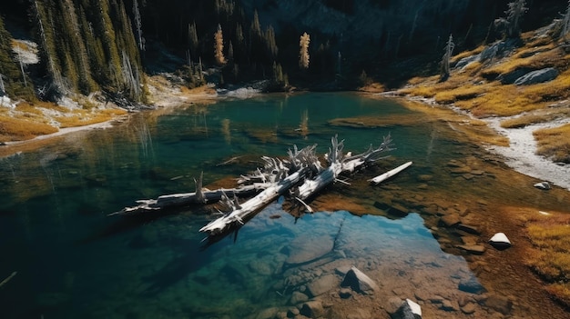 A landscape with a lake and a fallen tree.