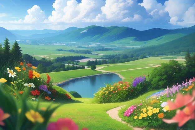 Premium AI Image | A landscape with a lake and flowers