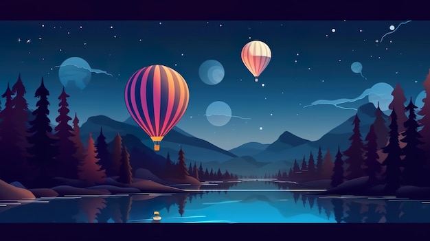 A landscape with a lake and a hot air balloon in the sky.