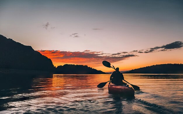 Foto paesaggio con lago e kayak