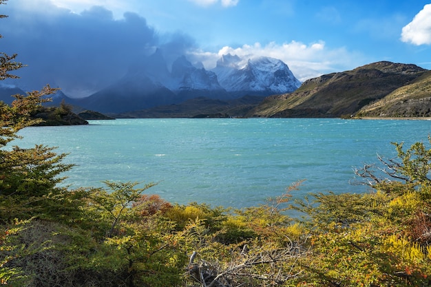 Paesaggio con il lago lago del pehoe nel parco nazionale torres del paine, patagonia, cile.