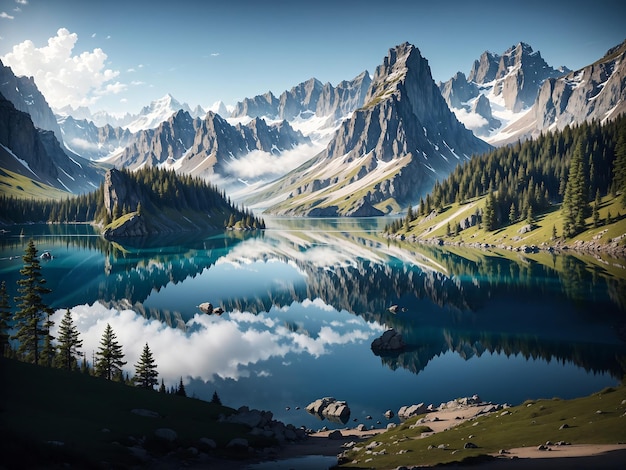 湖と山を背景にaiで生成された風景