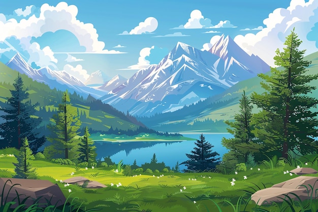 a landscape with a lake and mountains