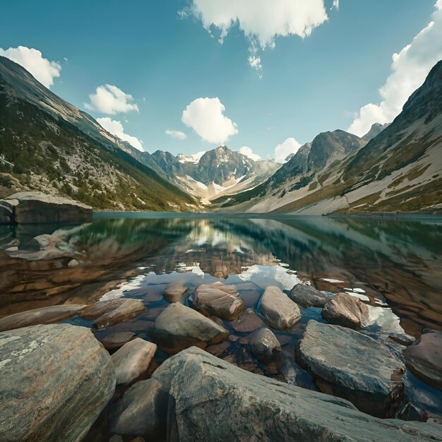 Foto paesaggio con laghi e montagne