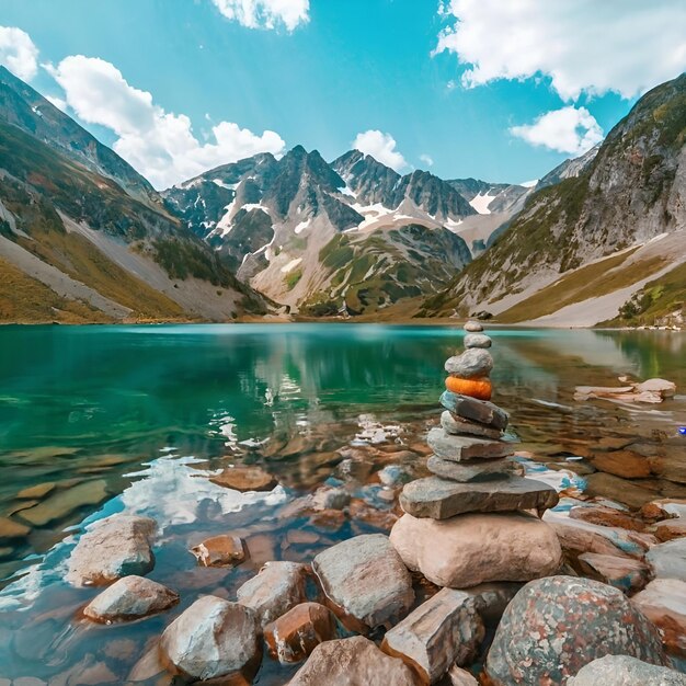 Photo landscape with lake and mountains