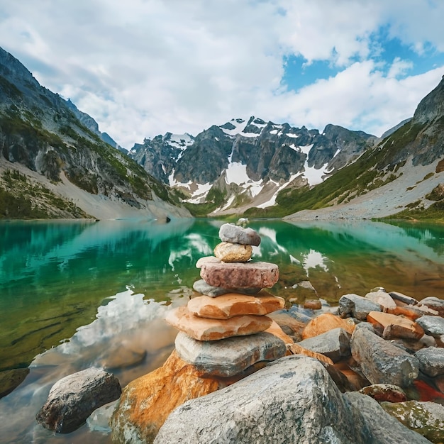 Photo landscape with lake and mountains