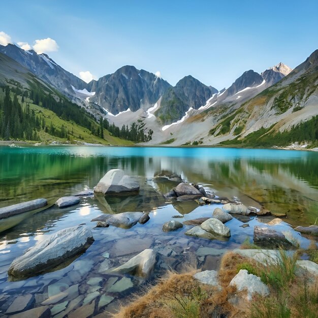 Photo landscape with lake and mountains