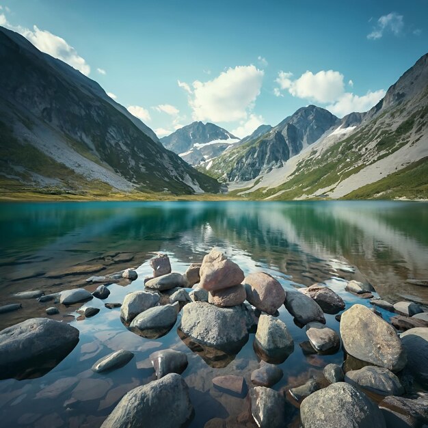 Photo landscape with lake and mountains