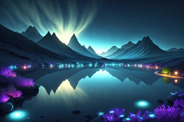 A landscape with a lake and a northern lights