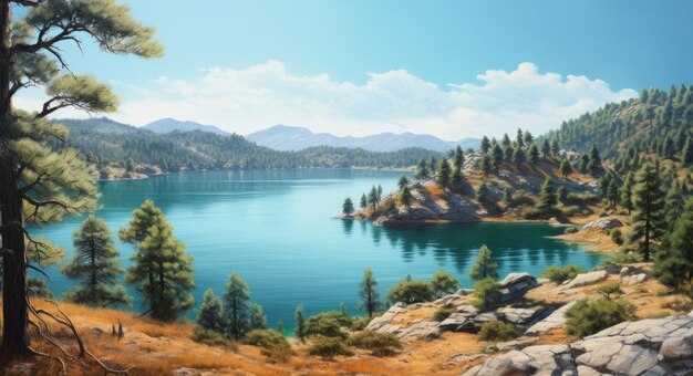 Landscape with lake and pine trees in the mountains Digital painting