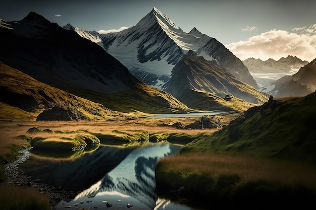 landscape with lake and snow covered mountain